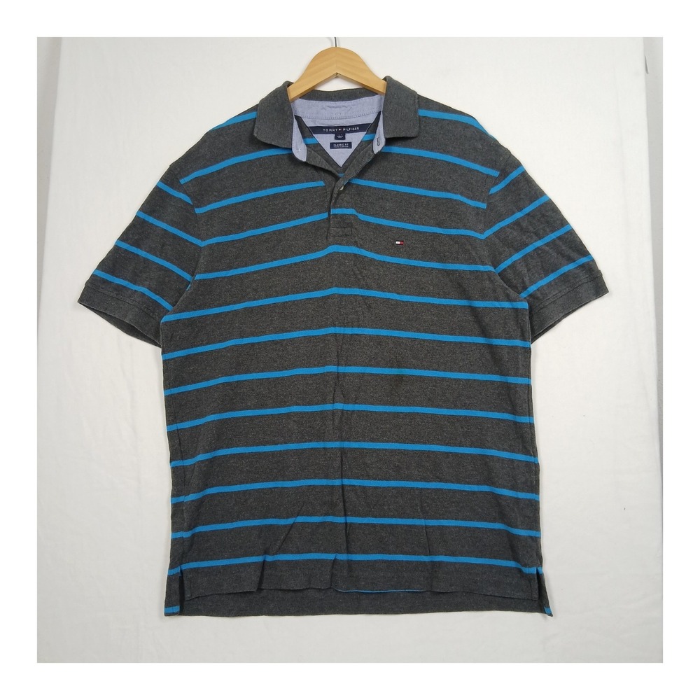 Tommy Hilfiger Mens Classic Fit Striped Polo Shirt Gray Blue Large 78A2840